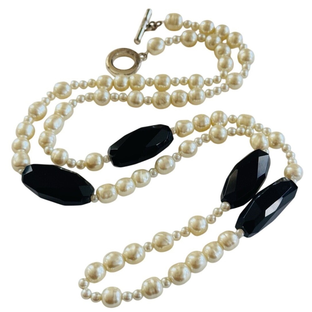 VTG Regal Signed Carolee Necklace black Crystal Beaded Faux‎ Baroque Pearl 32"
